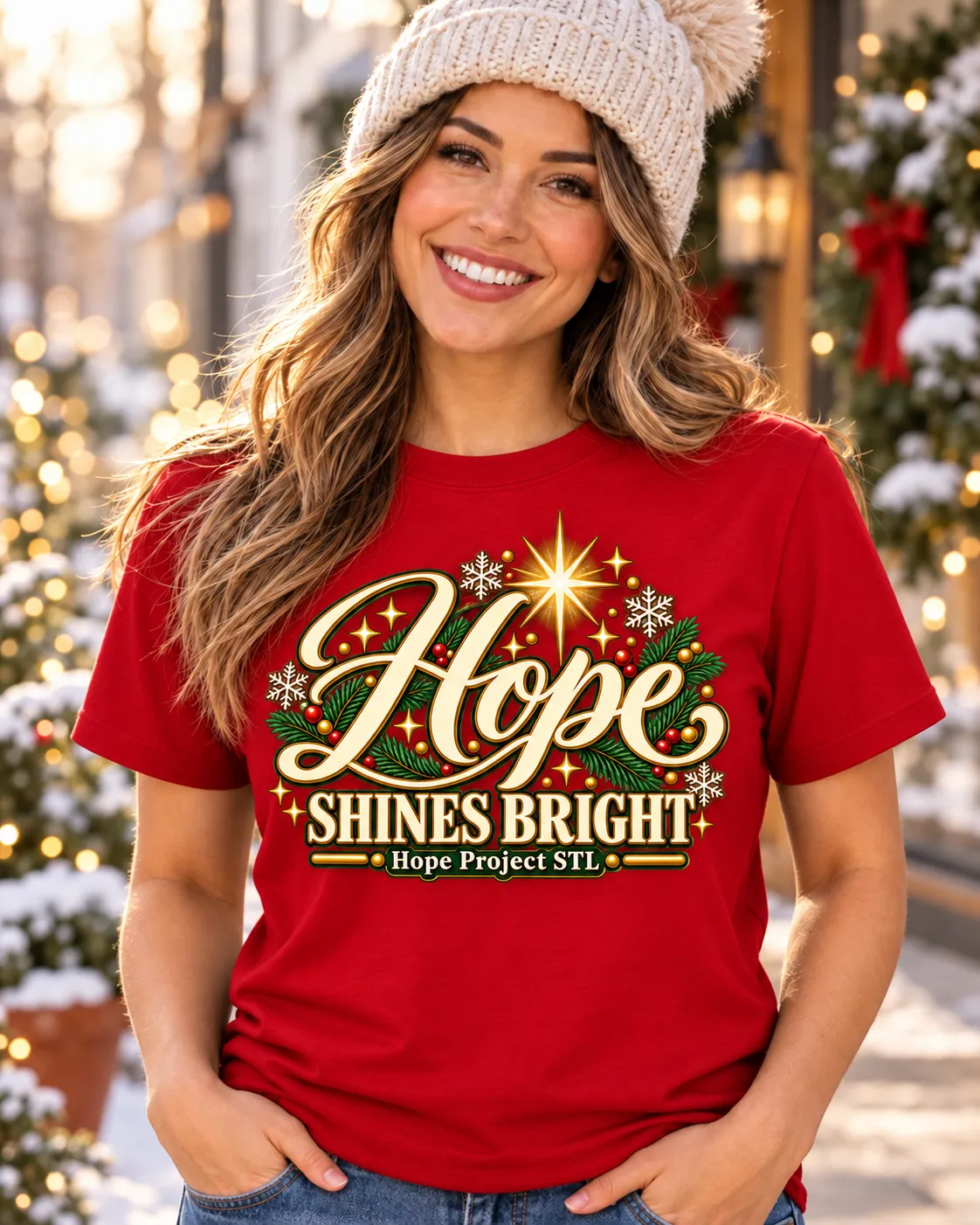 Hope Shines Bright seasonal tee in a winter setting