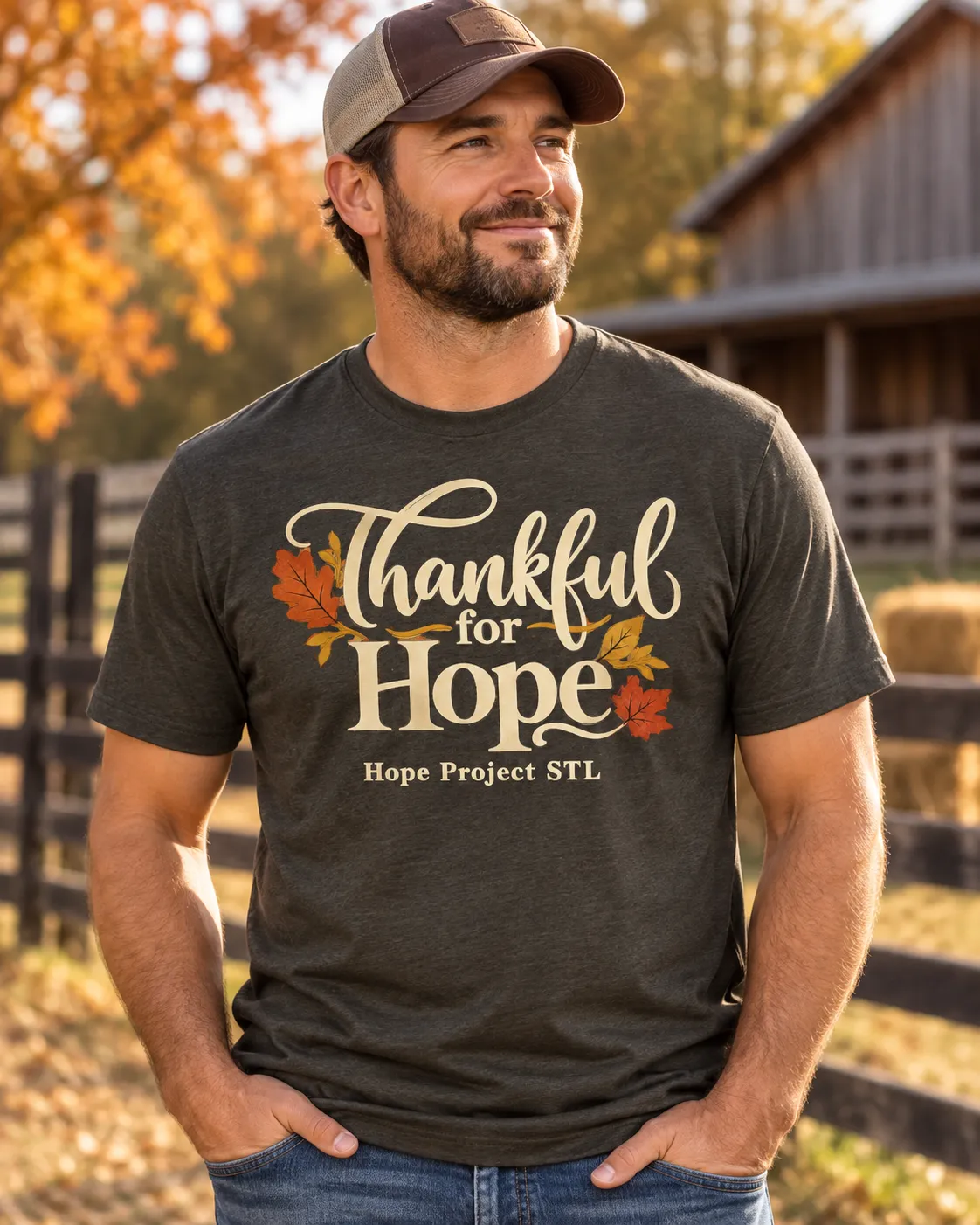Thankful for Hope seasonal tee in a fall farm setting