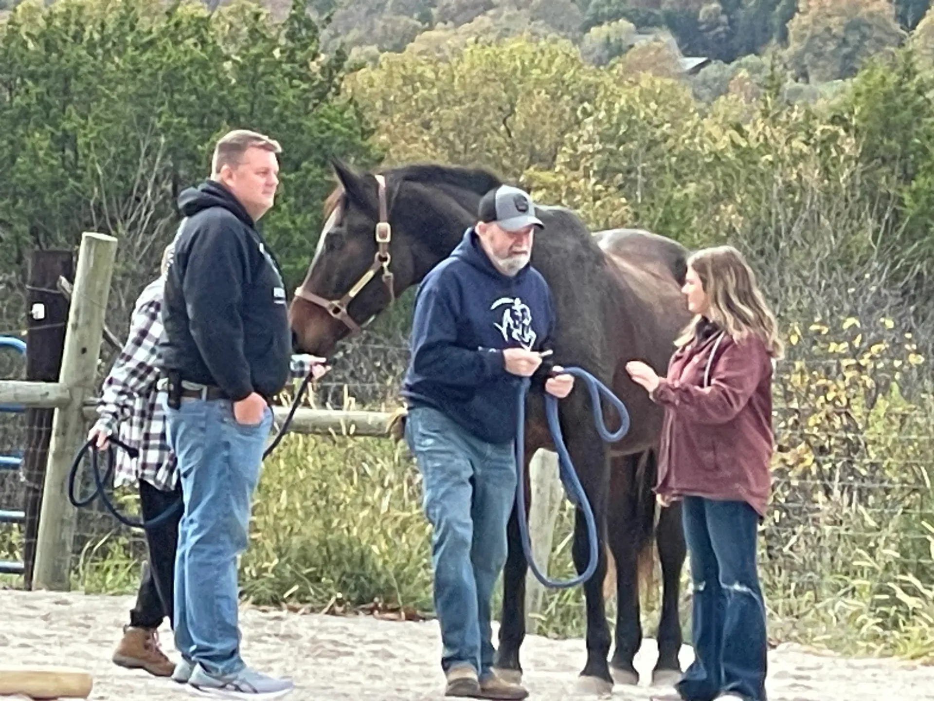 People and horses spread across the winter pasture